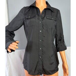 EXPRESS DESIGN STUDIO 100% Silk Blouse Shirt Black NWT Small Roll Tab Sleeve.